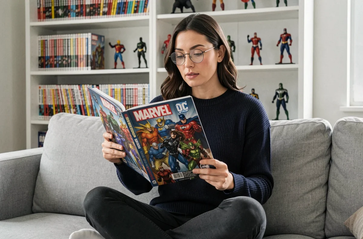 Femme lisant une encyclopédie des personnages Marvel et DC Comics chez elle avec des figurines de super-héros en arrière-plan