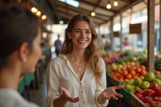 Femme espagnole exprimant sa gratitude avec un sourire chaleureux dans un marché traditionnel de Madrid