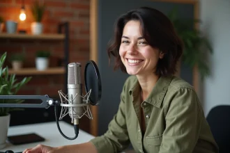 Femme humoriste française enregistrant un podcast depuis son studio maison avec micro professionnel