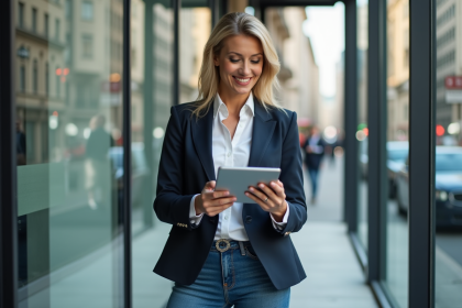 Femme confiante en immobilier utilisant une tablette
