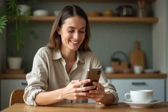 Femme jouant au jeu 4 Images 1 Mot sur smartphone à une table en bois dans une cuisine moderne
