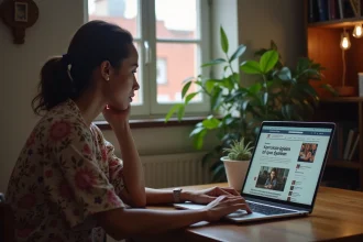 Jeune femme malgache consultant le site d'actualités ACTUTANA sur son ordinateur portable dans un appartement d'Antananarivo