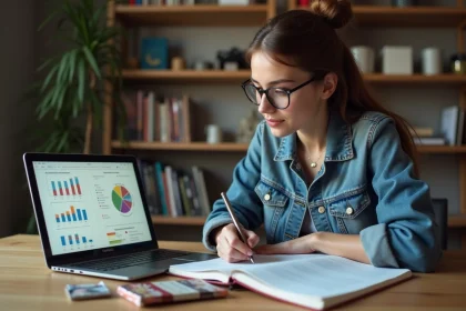 Jeune femme examine un graphique sur son ordinateur avec cartes Pokémon