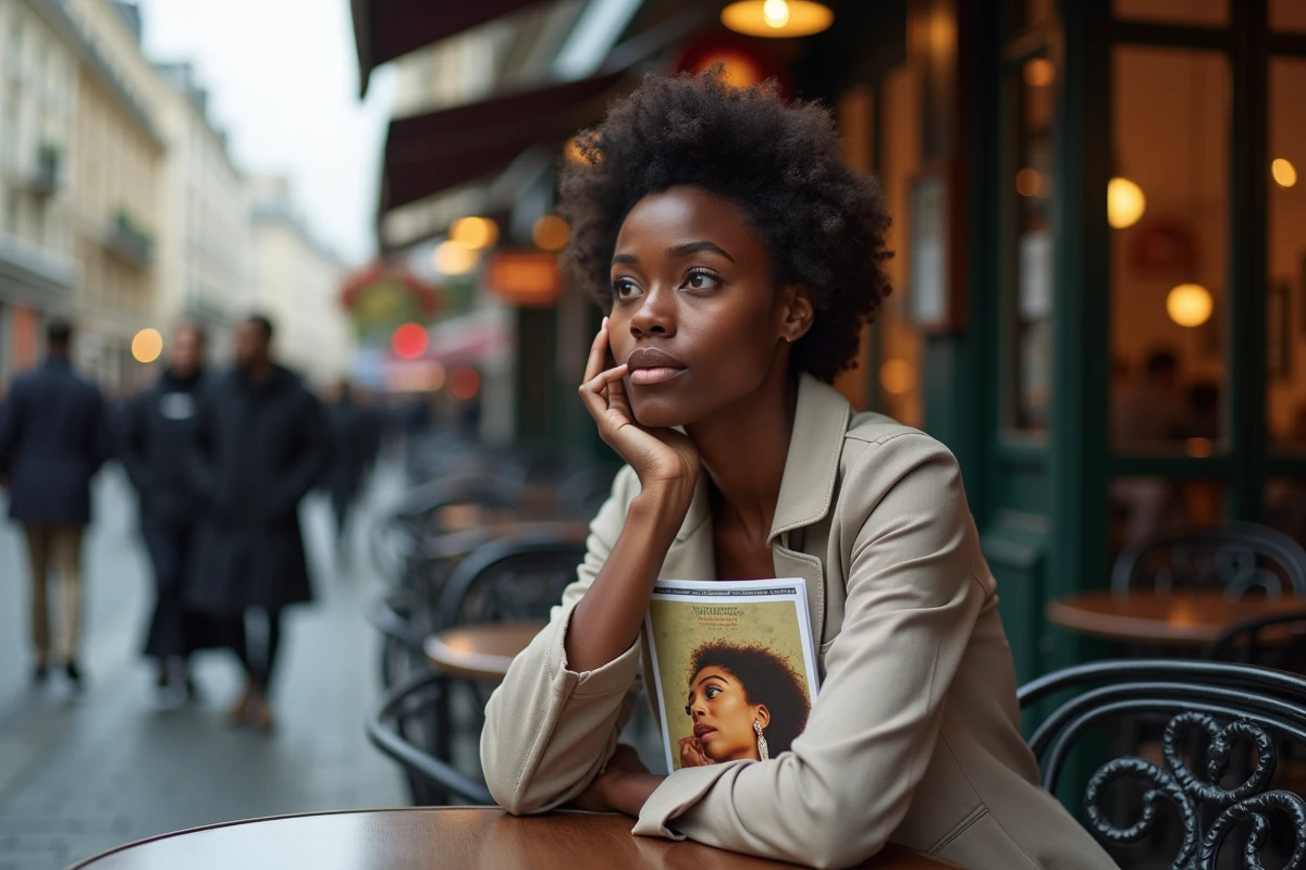 Jeune femme noire assise au café à Paris