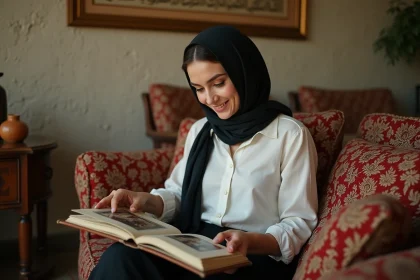 Femme tenant un album photo ancien dans un salon traditionnel