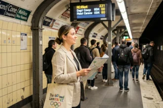 Femme consultant un plan du métro parisien sur un quai animé pendant les Jeux Olympiques