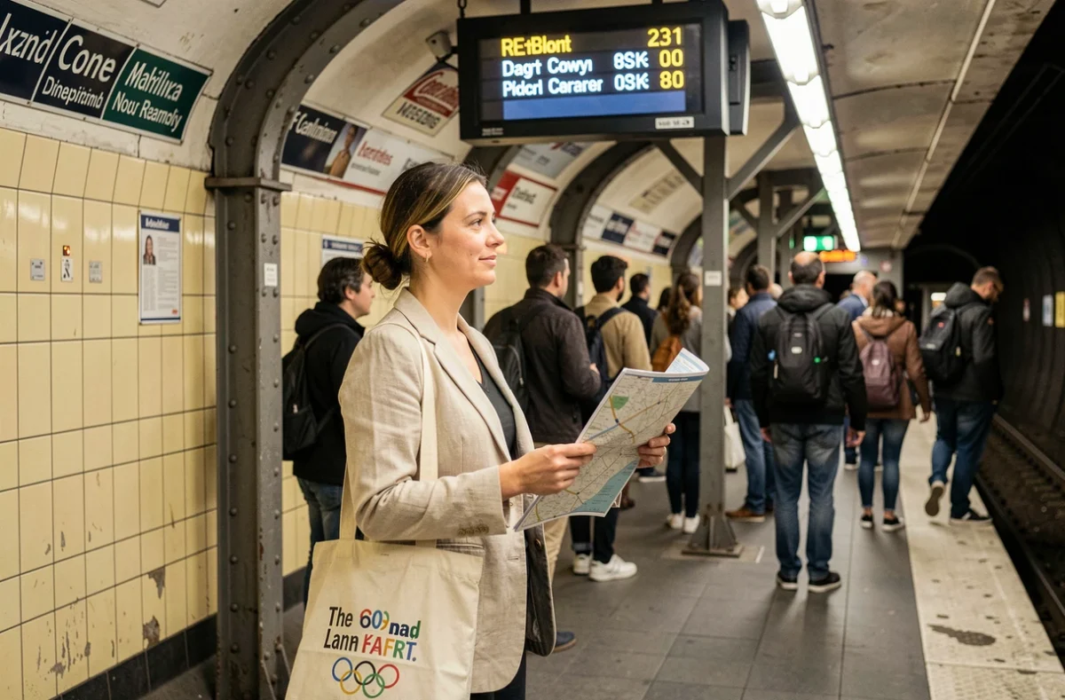 Femme consultant un plan du métro parisien sur un quai animé pendant les Jeux Olympiques