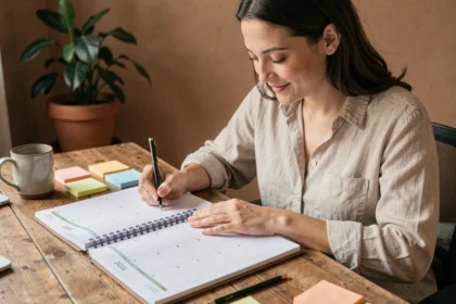 Femme écrivant dans un planning mensuel 2026 ouvert sur un bureau en bois dans un bureau à domicile chaleureux