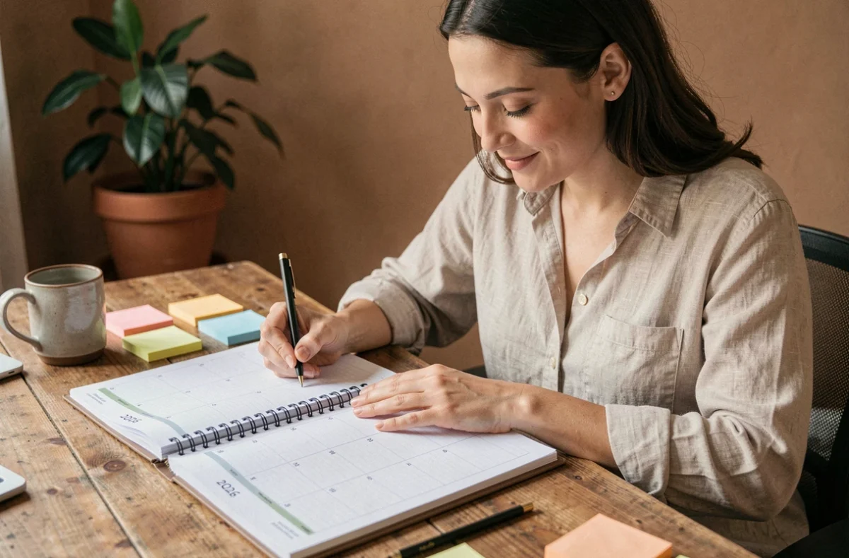 Femme écrivant dans un planning mensuel 2026 ouvert sur un bureau en bois dans un bureau à domicile chaleureux