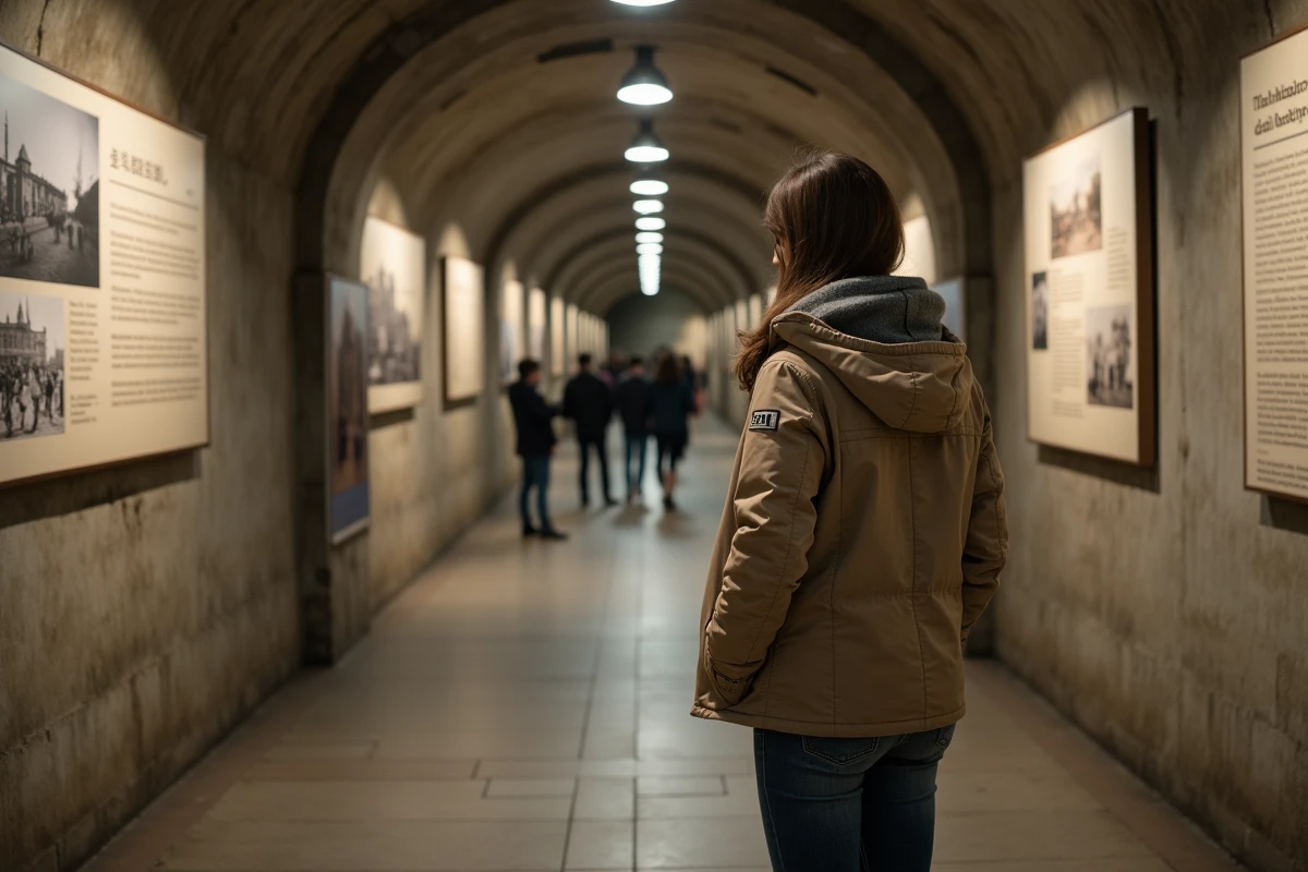 Jeune femme lisant une plaque dans un couloir souterrain