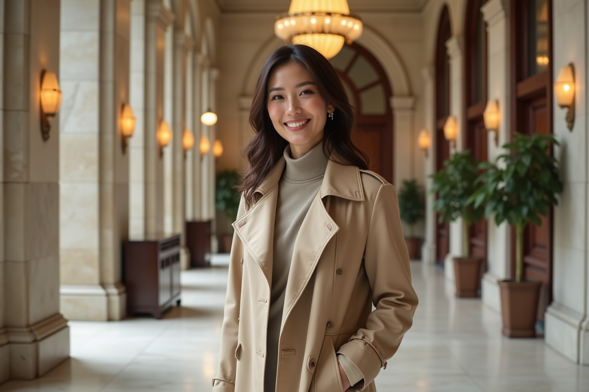 Femme souriante dans le hall d un immeuble élégant