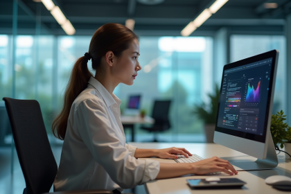 Jeune femme professionnelle utilisant un ordinateur moderne