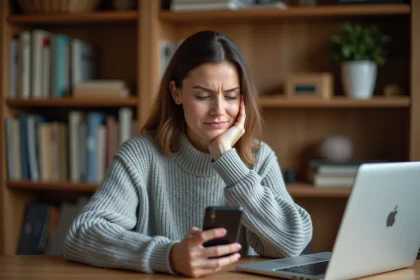 Femme perplexe regardant son smartphone après une recherche inversée de numéro sans résultat