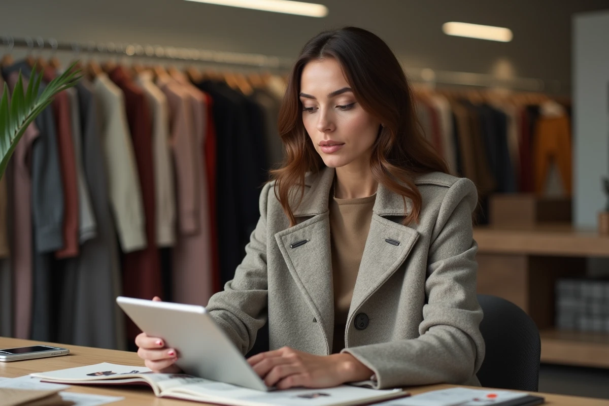 Femme styliste examinant des lookbooks dans un bureau créatif
