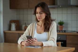 Femme pensant avec son smartphone dans la cuisine moderne