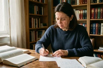 Femme relisant attentivement une lettre manuscrite entourée de livres de grammaire française