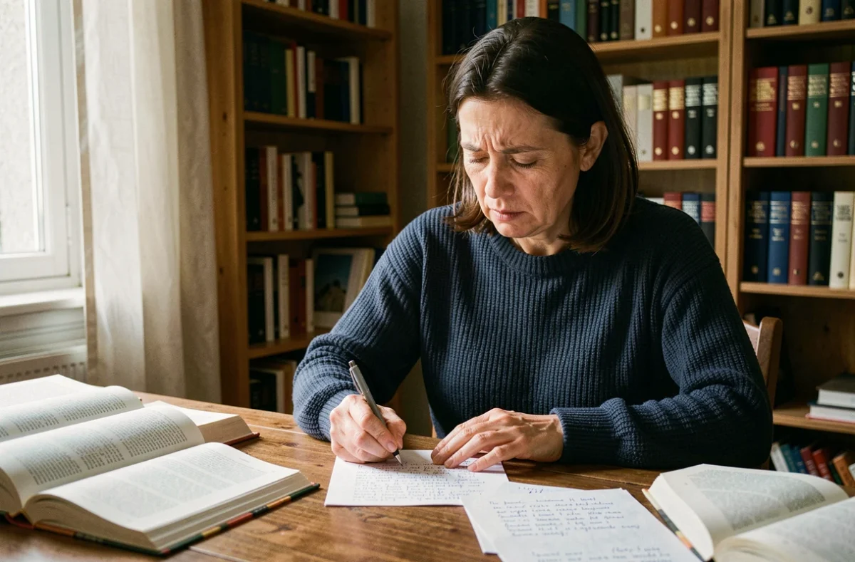Femme relisant attentivement une lettre manuscrite entourée de livres de grammaire française