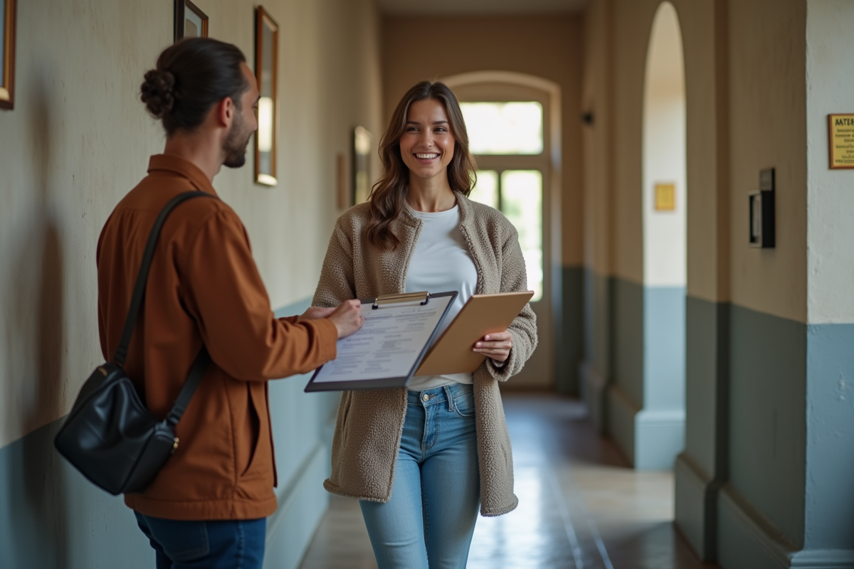 Femme souriante recevant des clés dans un immeuble urbain