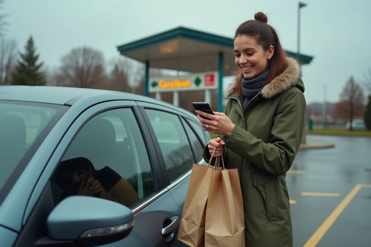 Femme récupérant ses courses Carrefour Drive après avoir utilisé un code de réduction