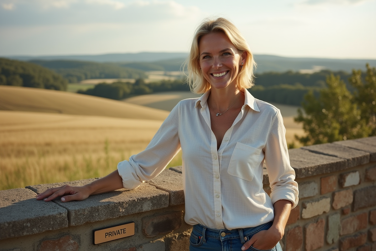 Femme souriante dans un paysage rural avec champs et ferme