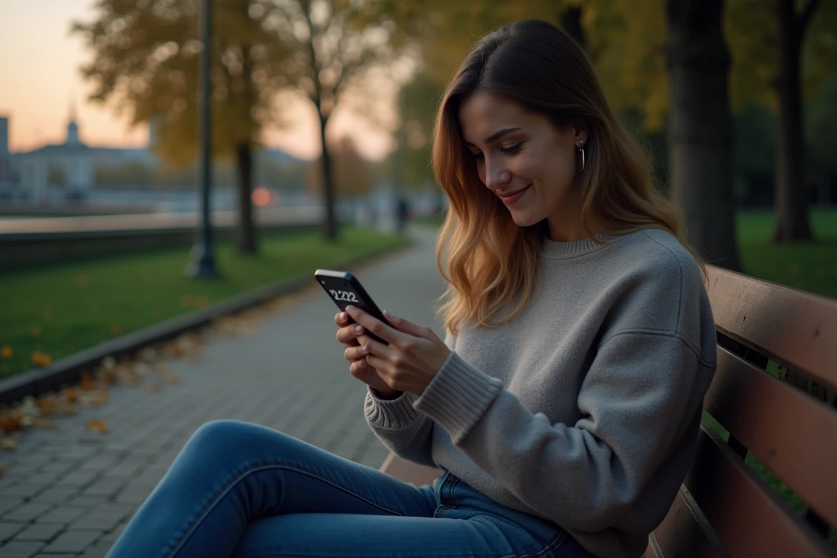 Jeune femme assise sur un banc de parc au crépuscule