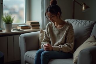 Femme pensant assise sur un canapé dans un salon modeste