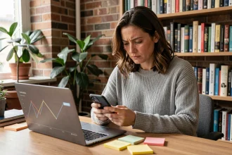 Femme consultant son smartphone dans un bureau à domicile, illustrant les usages numériques et les habitudes de consommation de l'information