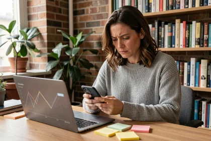 Femme consultant son smartphone dans un bureau à domicile, illustrant les usages numériques et les habitudes de consommation de l'information