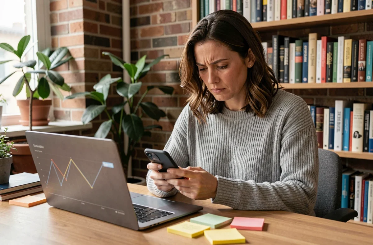 Femme consultant son smartphone dans un bureau à domicile, illustrant les usages numériques et les habitudes de consommation de l'information