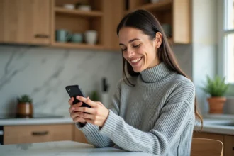 Femme souriante tenant un smartphone dans une cuisine moderne