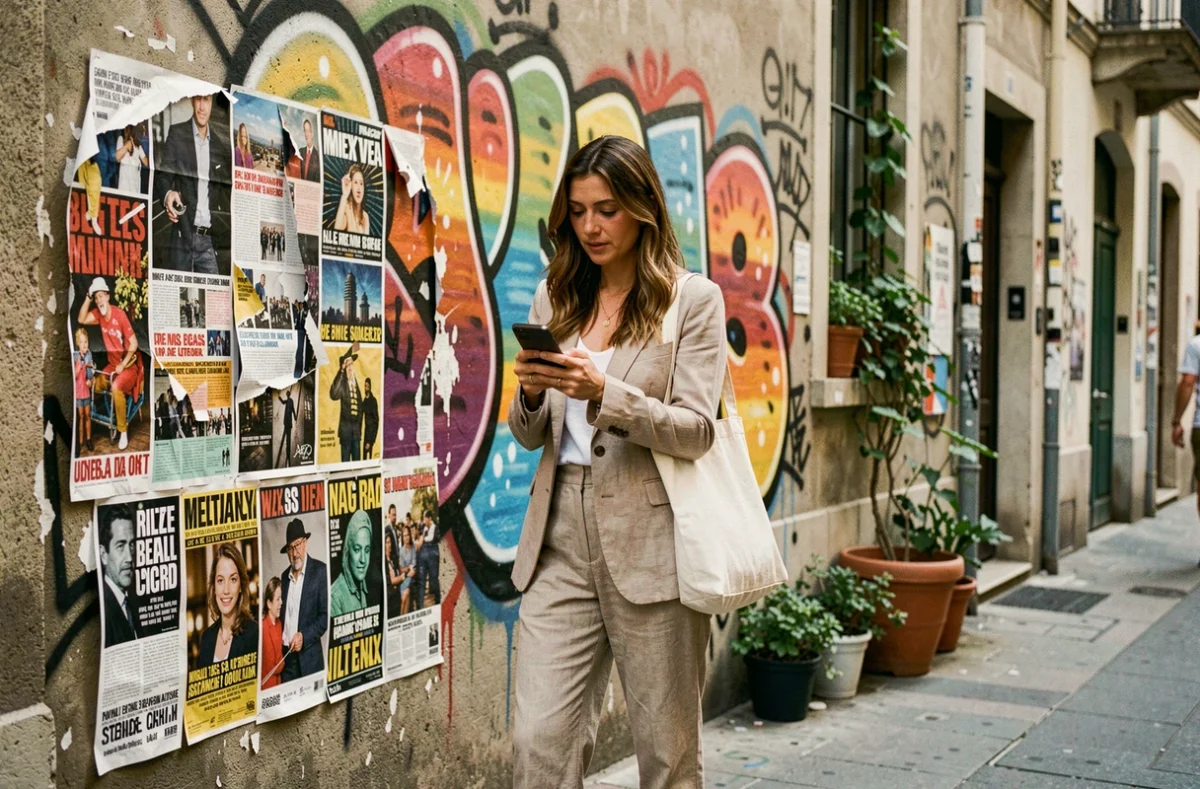 Femme consultant son téléphone devant une fresque de street art dans une ruelle de Toulouse, à la recherche de bons plans et activités du jour