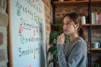 Femme concentrée devant un tableau blanc avec lettres cachées et indices pour le jeu du pendu