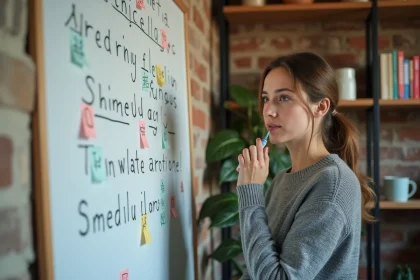 Femme concentrée devant un tableau blanc avec lettres cachées et indices pour le jeu du pendu