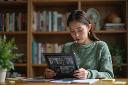 Jeune femme utilisant une application de scan et suivi de lectures manga sur une tablette posée sur un bureau en bois organisé