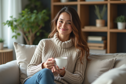 Femme détendue buvant une tisane dans un salon cosy
