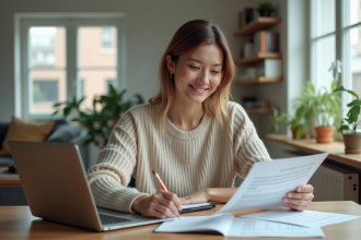 Femme d'affaires travaillant à domicile avec documents financiers