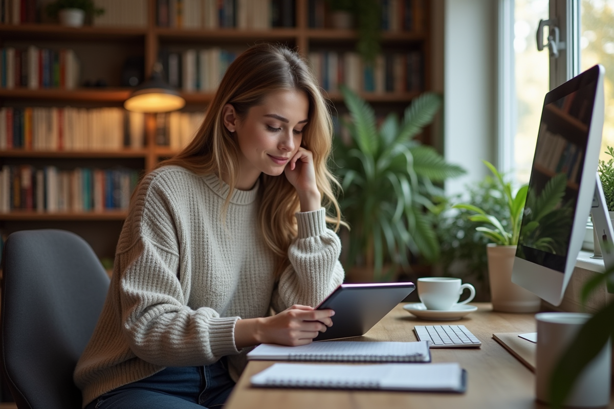 Jeune femme concentrée sur sa tablette dans un espace de travail cosy