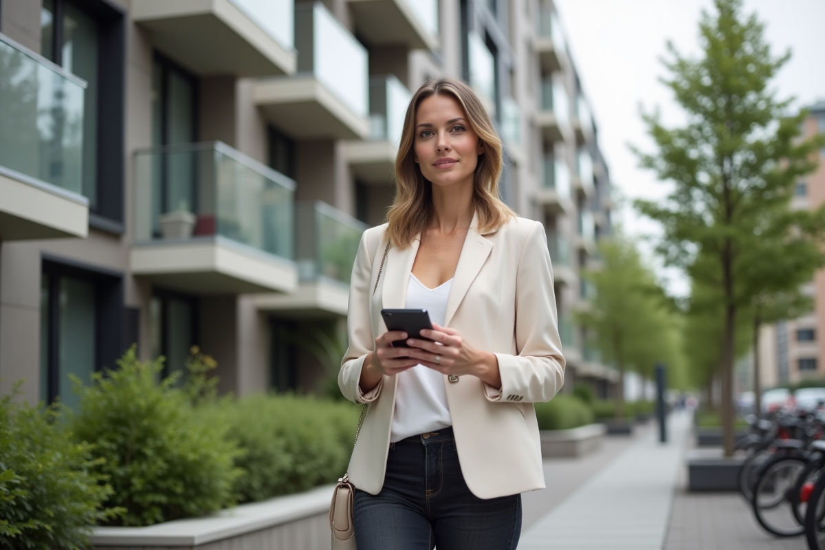 Femme avec brochure immobiliere devant immeubles modernes