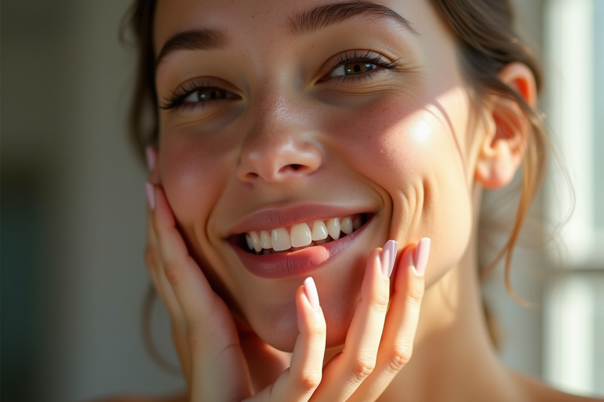 Femme souriante touchant sa joue éclatante