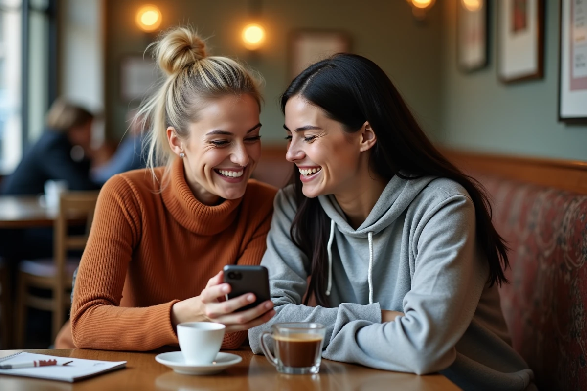 Deux femmes humoristes françaises collaborant autour d'un smartphone dans un café parisien