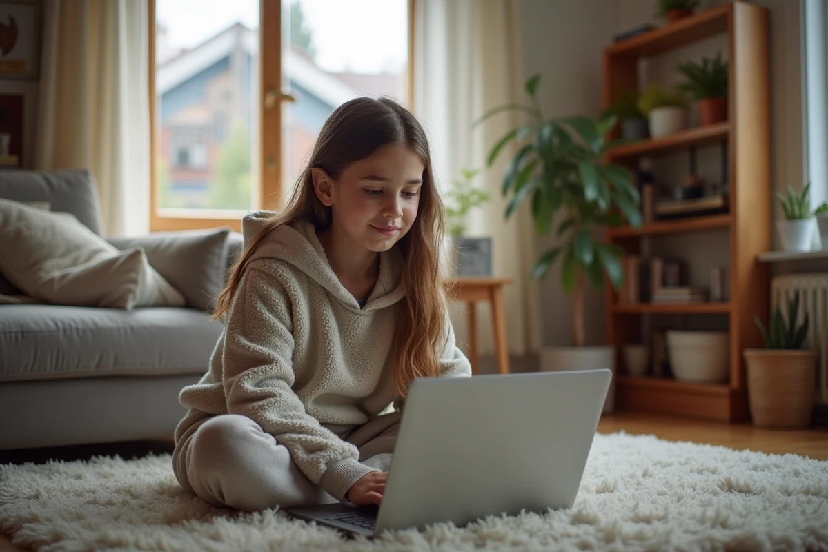 Adolescente lisant un guide Dofus sur son ordinateur portable