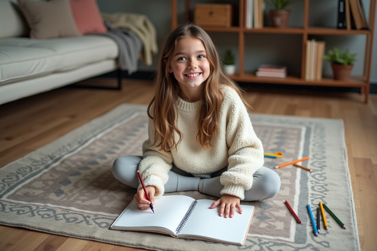 Fille de 14 ans esquisse dans un carnet d