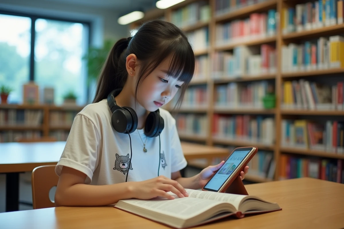 Fille lisant manga sur tablette dans une bibliothèque lumineuse