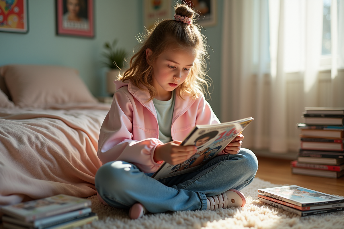 Jeune fille lisant des magazines de mode dans sa chambre