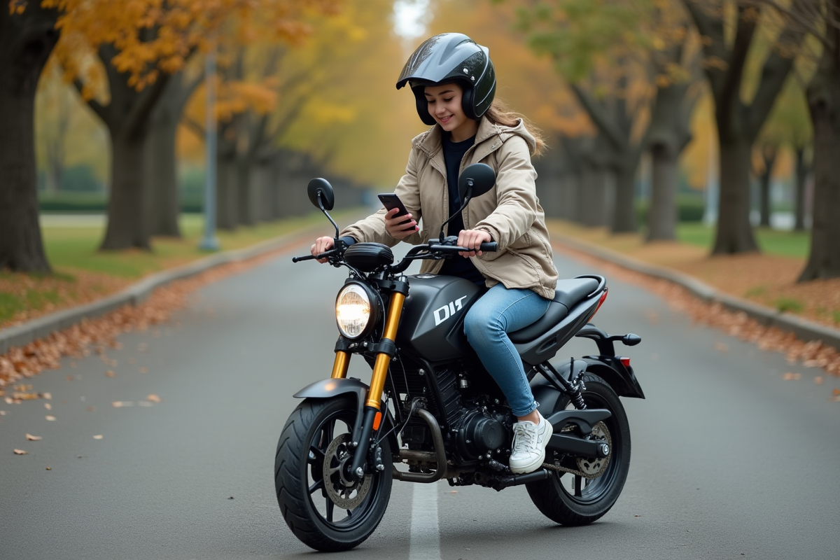 Fille adolescente avec moto Dax dans un parc