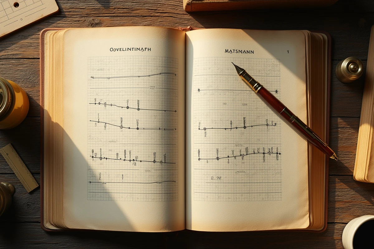 Vue aérienne d'un encyclopédie ouverte sur les chiffres romains avec une frise chronologique des siècles manuscrite