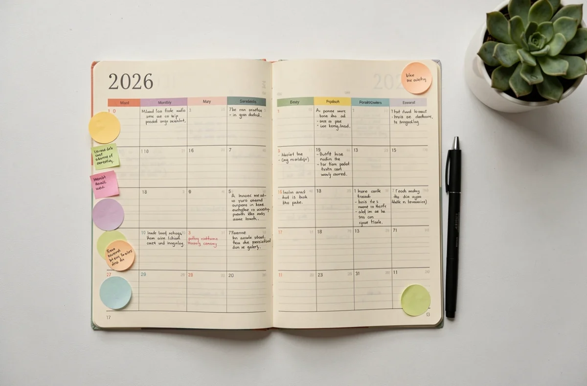 Vue du dessus d'un planning mensuel 2026 ouvert avec des notes manuscrites et des autocollants colorés sur un bureau blanc épuré