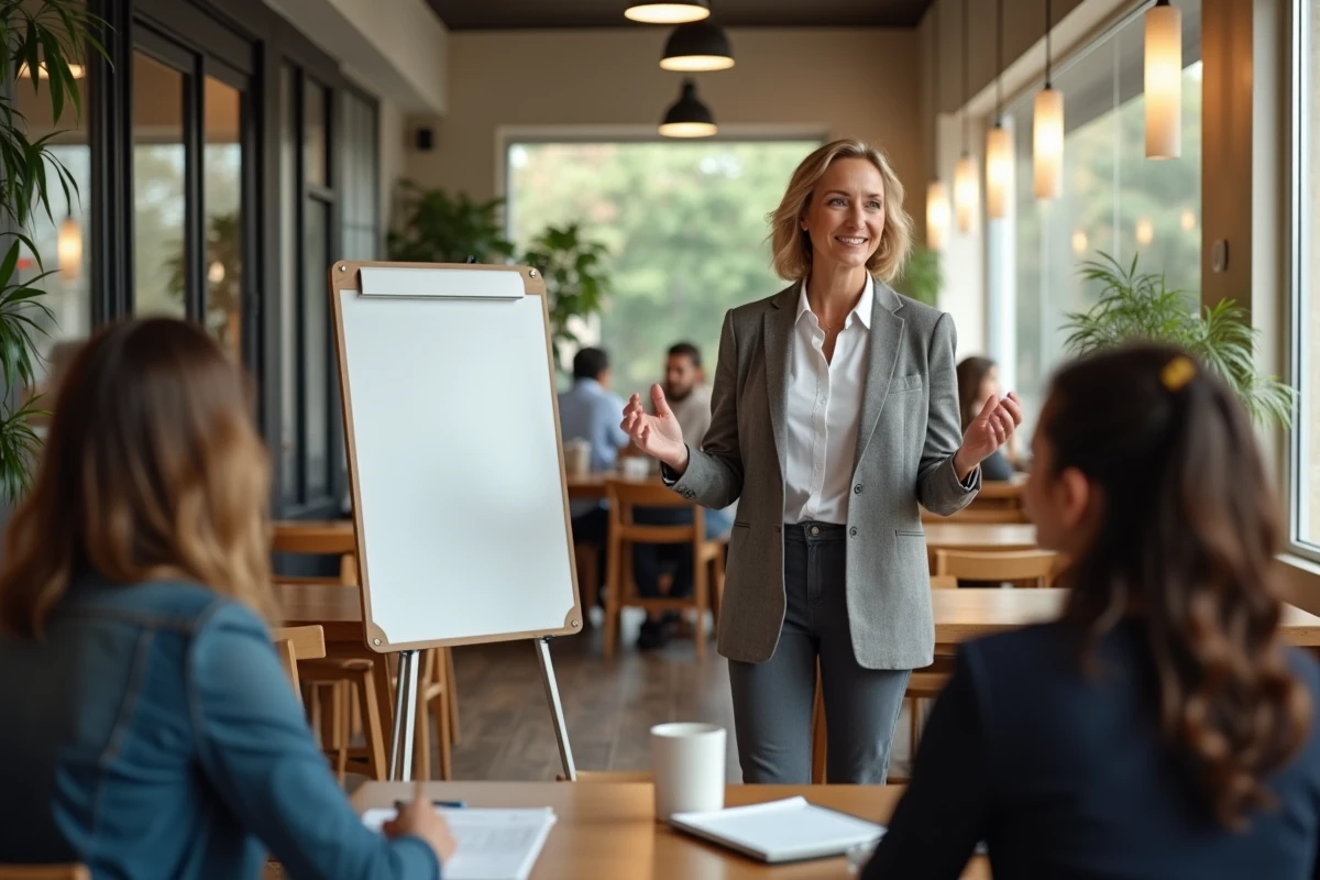 Formateur féminin en formation dans un café lumineux