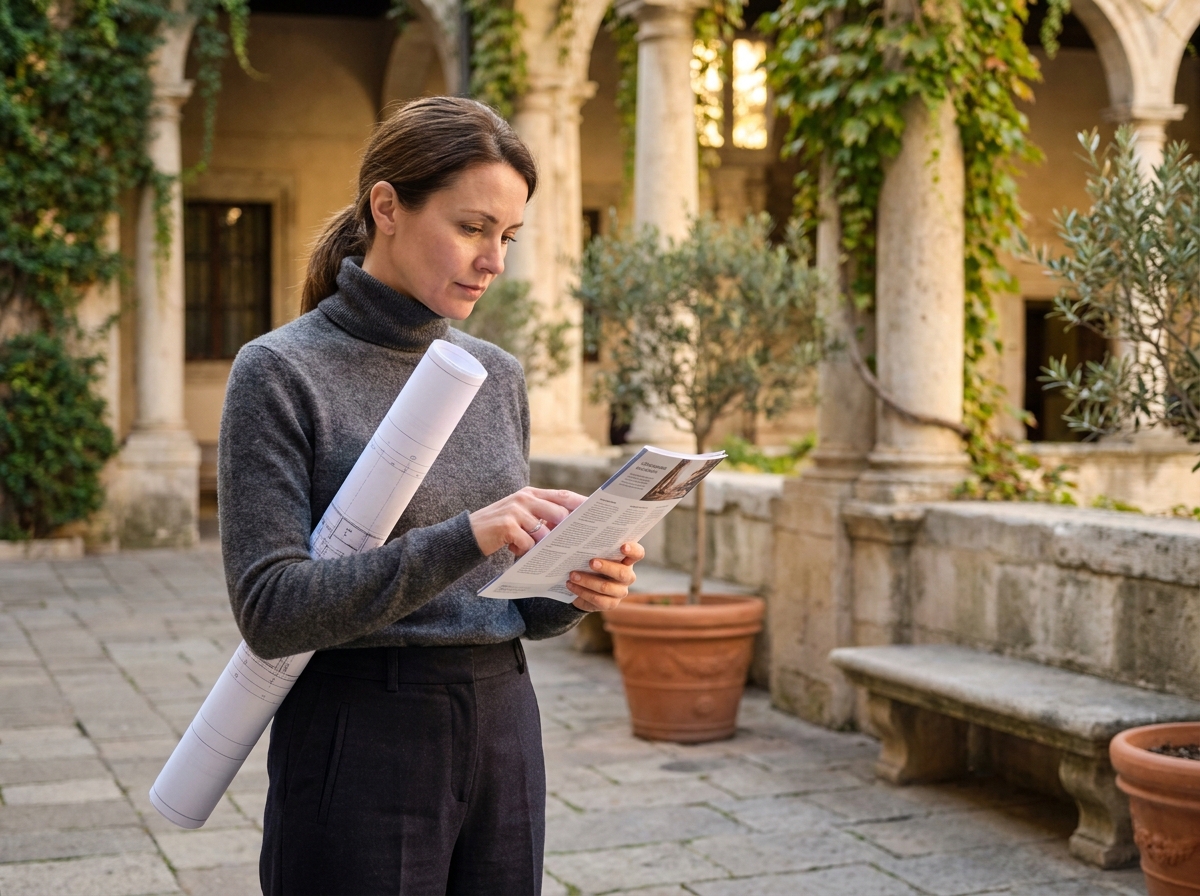 Femme professionnelle consultant un catalogue de formation artistique dans la cour intérieure d'une académie des arts historique