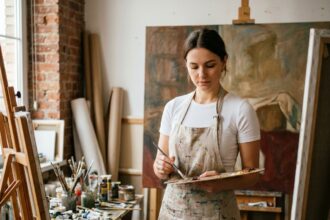 Jeune femme artiste peintre dans un atelier professionnel mélangeant des couleurs sur une palette en bois devant une grande toile